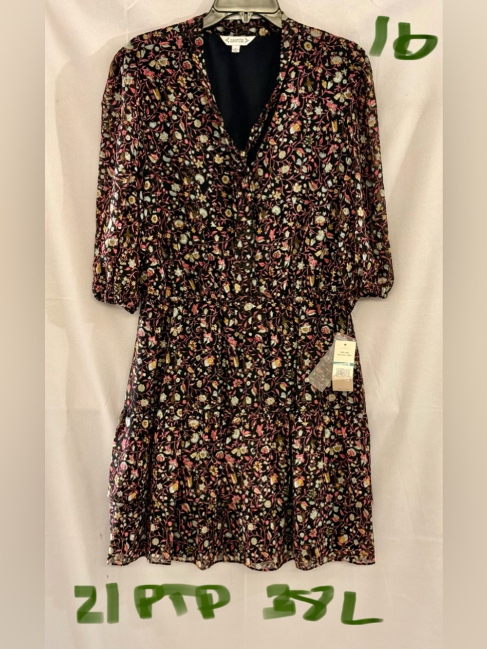 Nanette Lepore Black Floral V-Neck Tiered Midi Dress with Pink & Green Accents